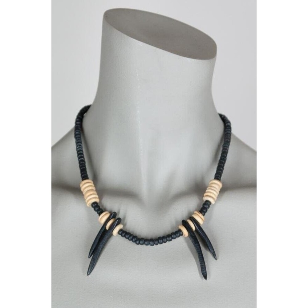 Vintage 1980s 80s Black Real Wood Bead Spike Necklace Costume Jewelry